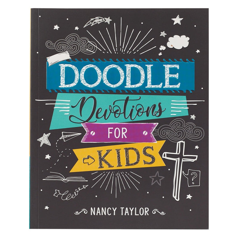 Book cover of 'Doodle Devotions for Kids' by Nancy Taylor with colorful text and illustrations on a black background.
