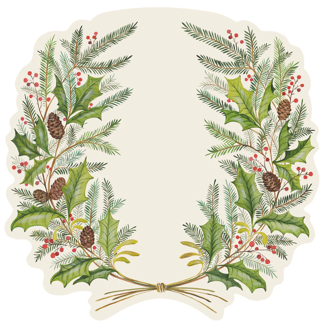 Decorative Christmas wreath with holly leaves, berries, and pine cones on a white background.