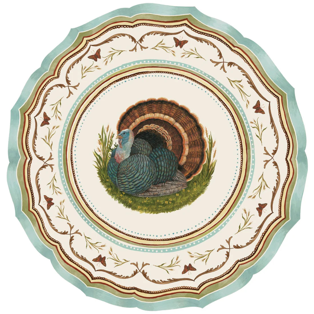 Decorative plate with a turkey design and decorative border on a white background