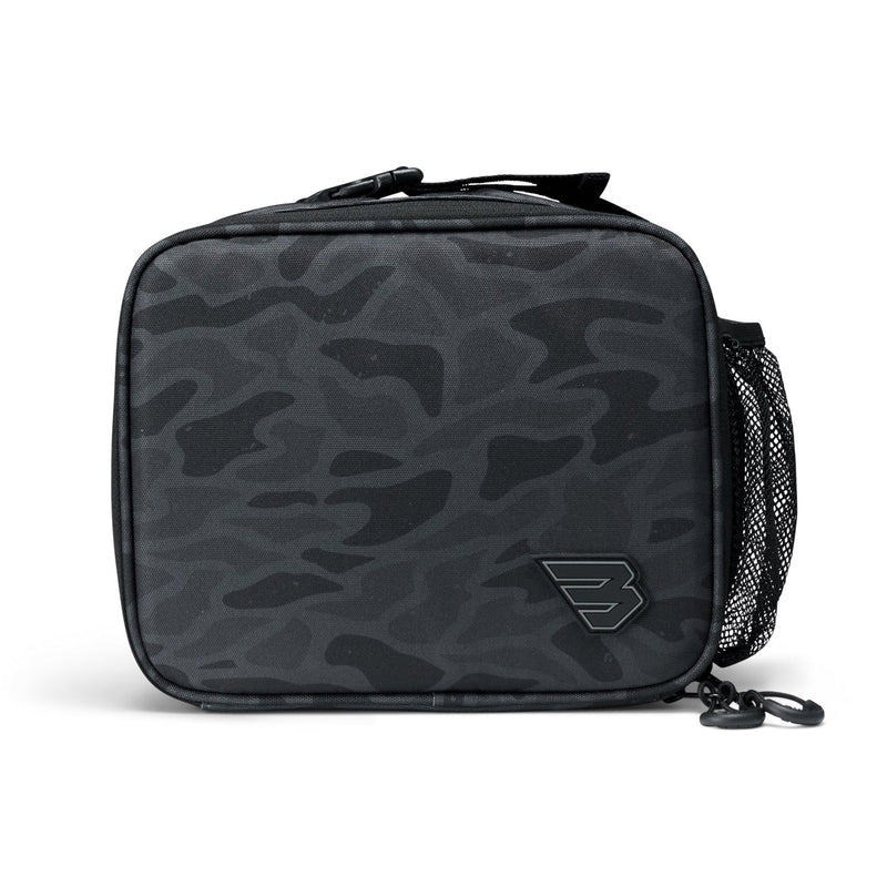 Black camouflage rectangular bag with a brand logo on a white background