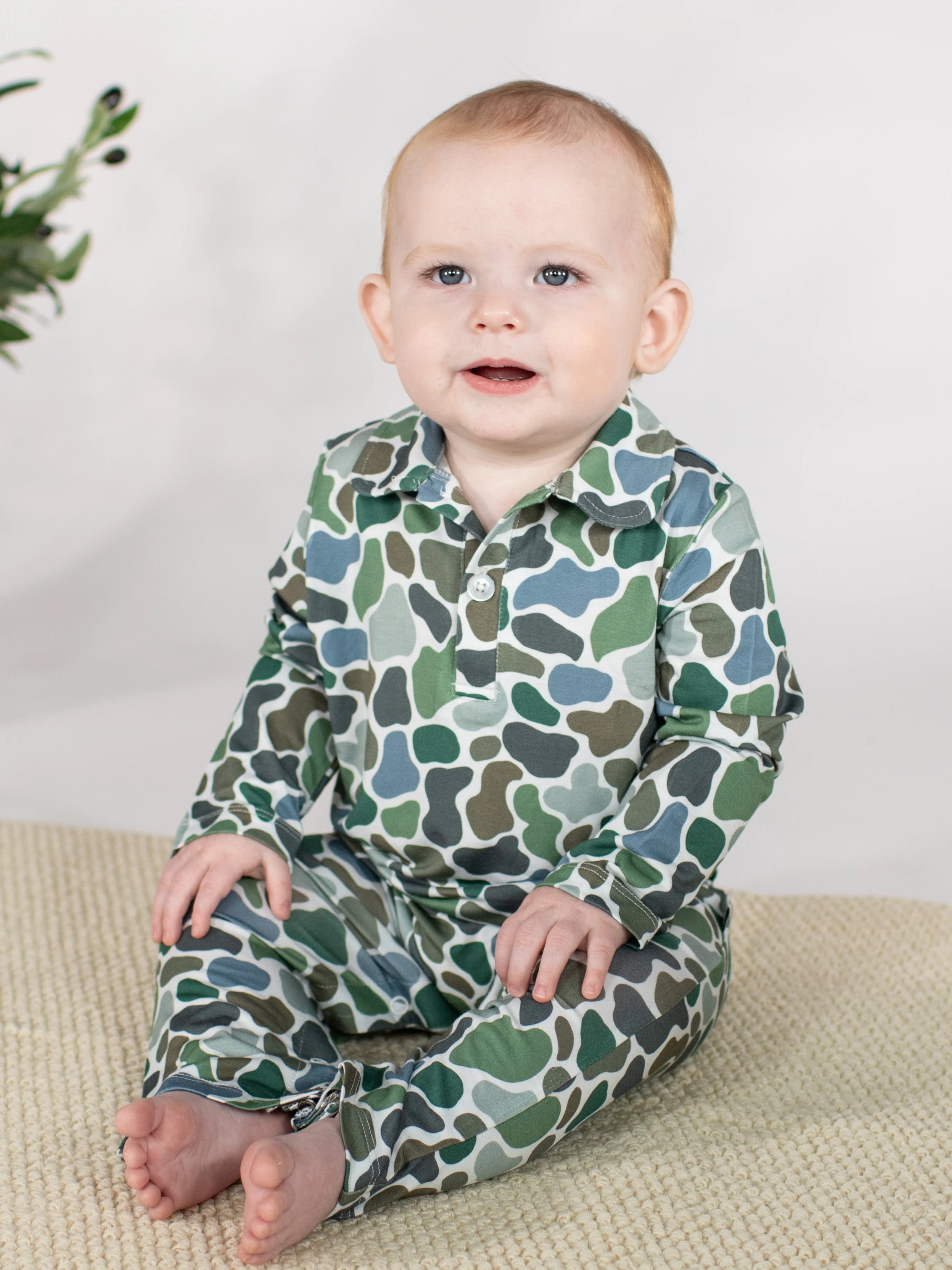 Long Sleeve Polo Romper-Pebble Camo