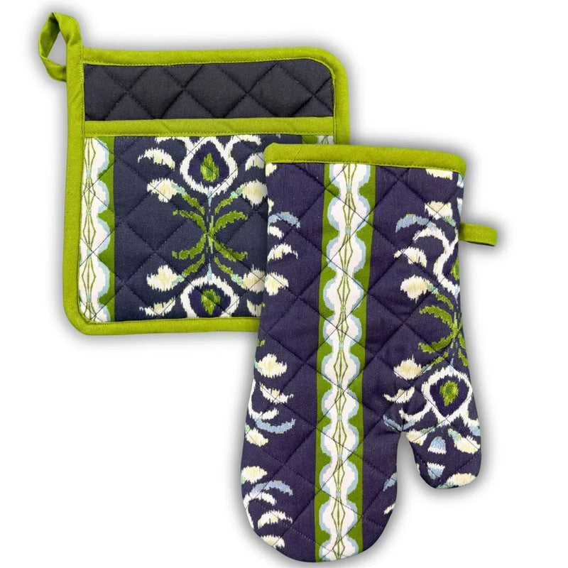 Pair of oven mitts with decorative patterns on a white background