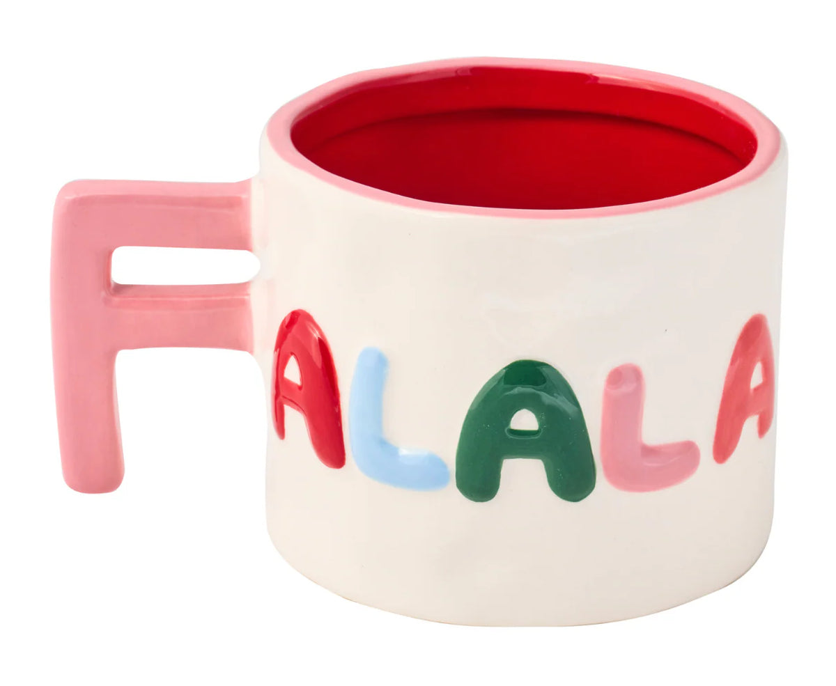 Colorful 'ALALA' mug with a red interior on a white background
