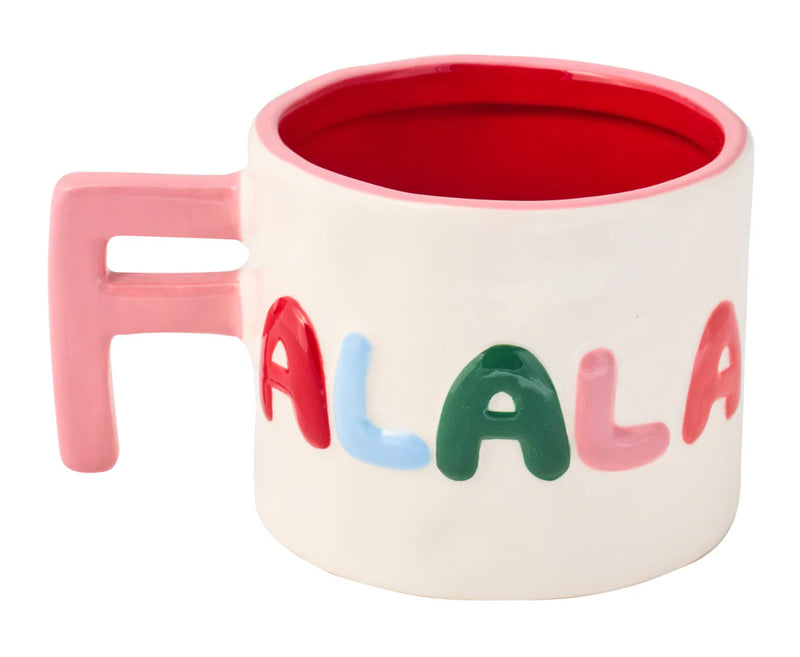 Colorful 'ALALA' mug with a red interior on a white background