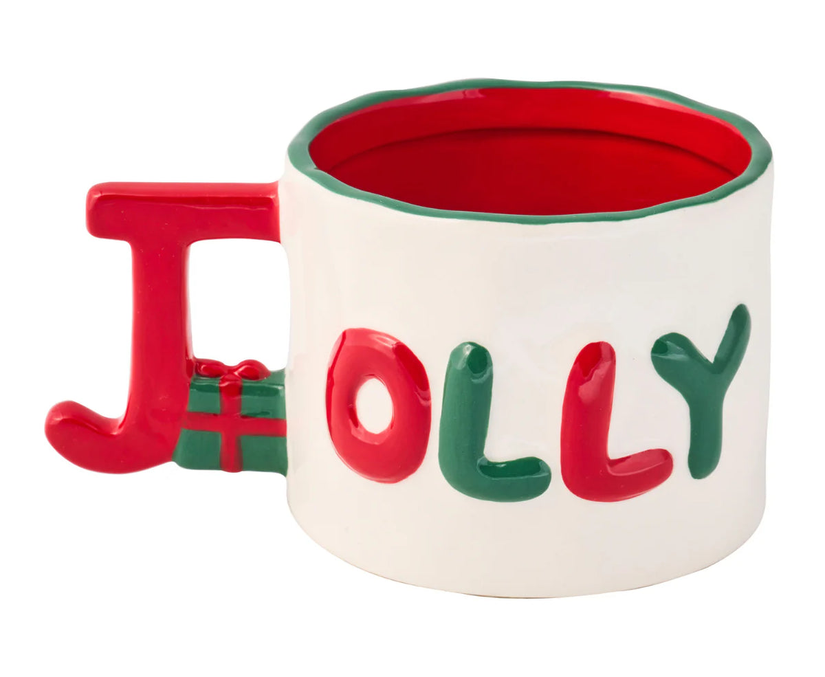 White ceramic mug with red and green letters spelling "Jolly" on cup and handle on a white background