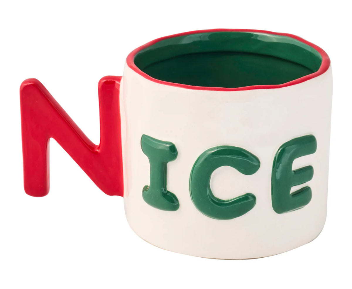 Mug with red handle and green interior, featuring the word 'ICE'.