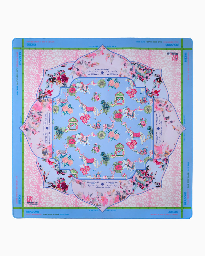 Decorative Mahjong Mat with floral and horse design on a blue border