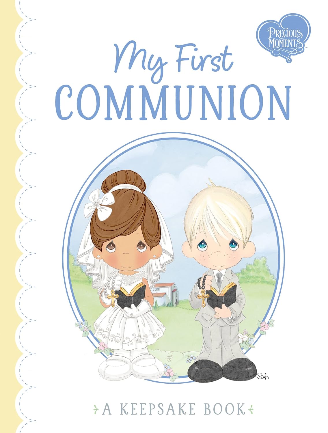 Book cover of 'My First Communion' with illustrations of a boy and girl holding books, on a light yellow background.
