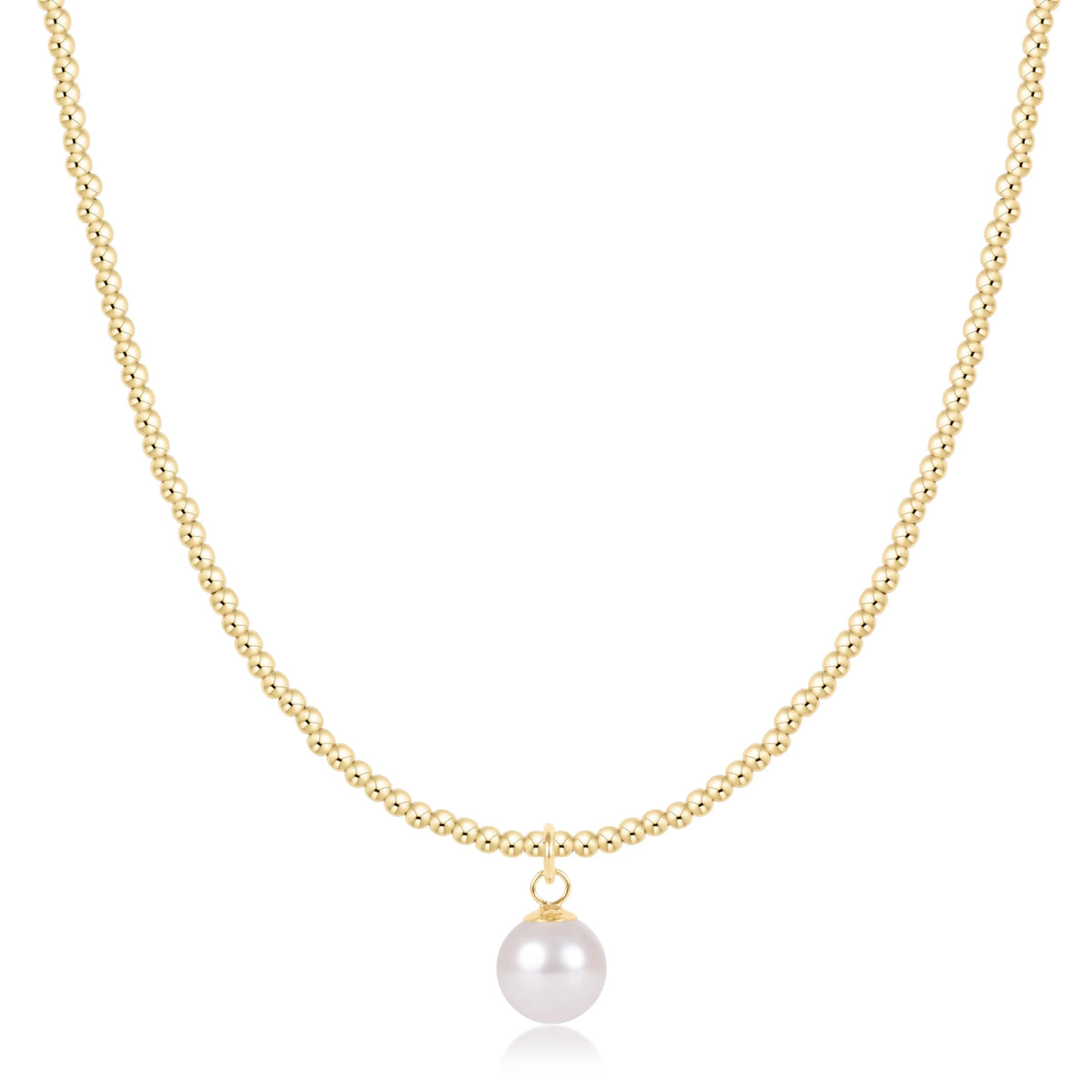 A delicate gold chain necklace featuring a single white freshwater pearl pendant, displayed against a solid white background.

