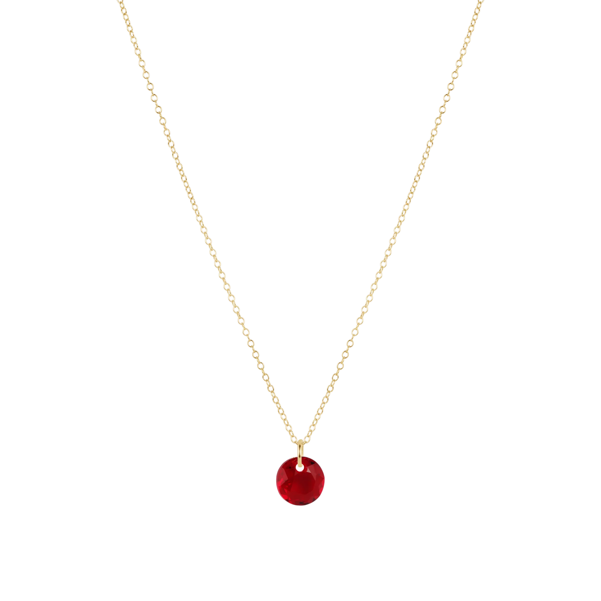 16" Necklace on gold chain with red birthstone pendant. 