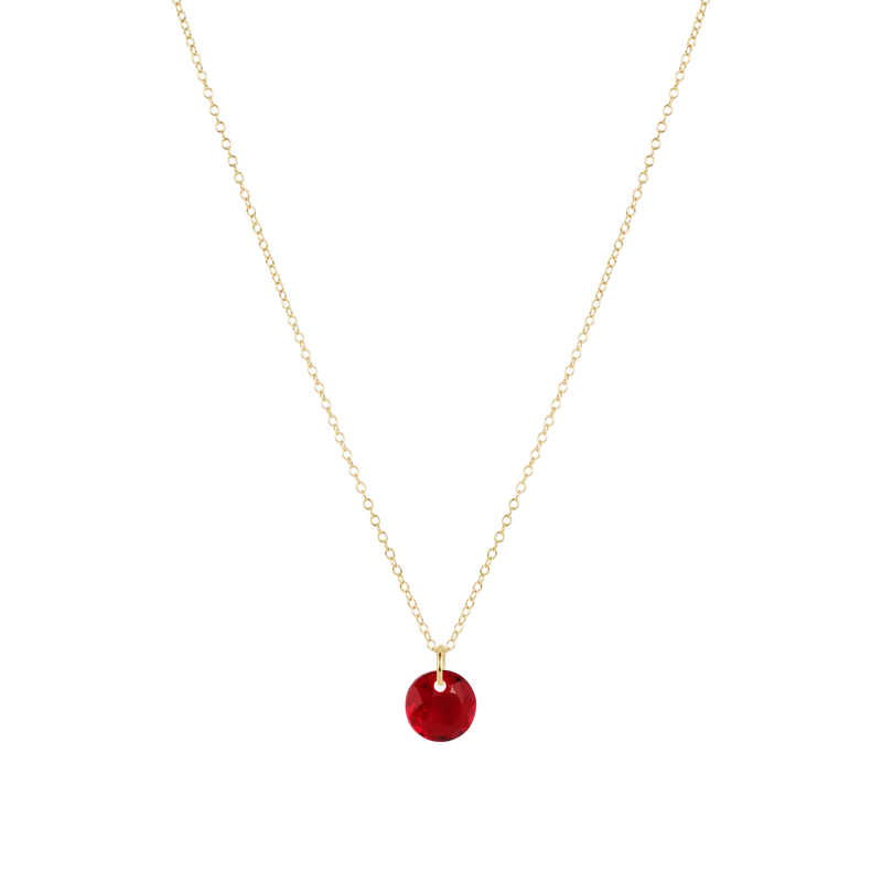 16" Necklace on gold chain with red birthstone pendant. 