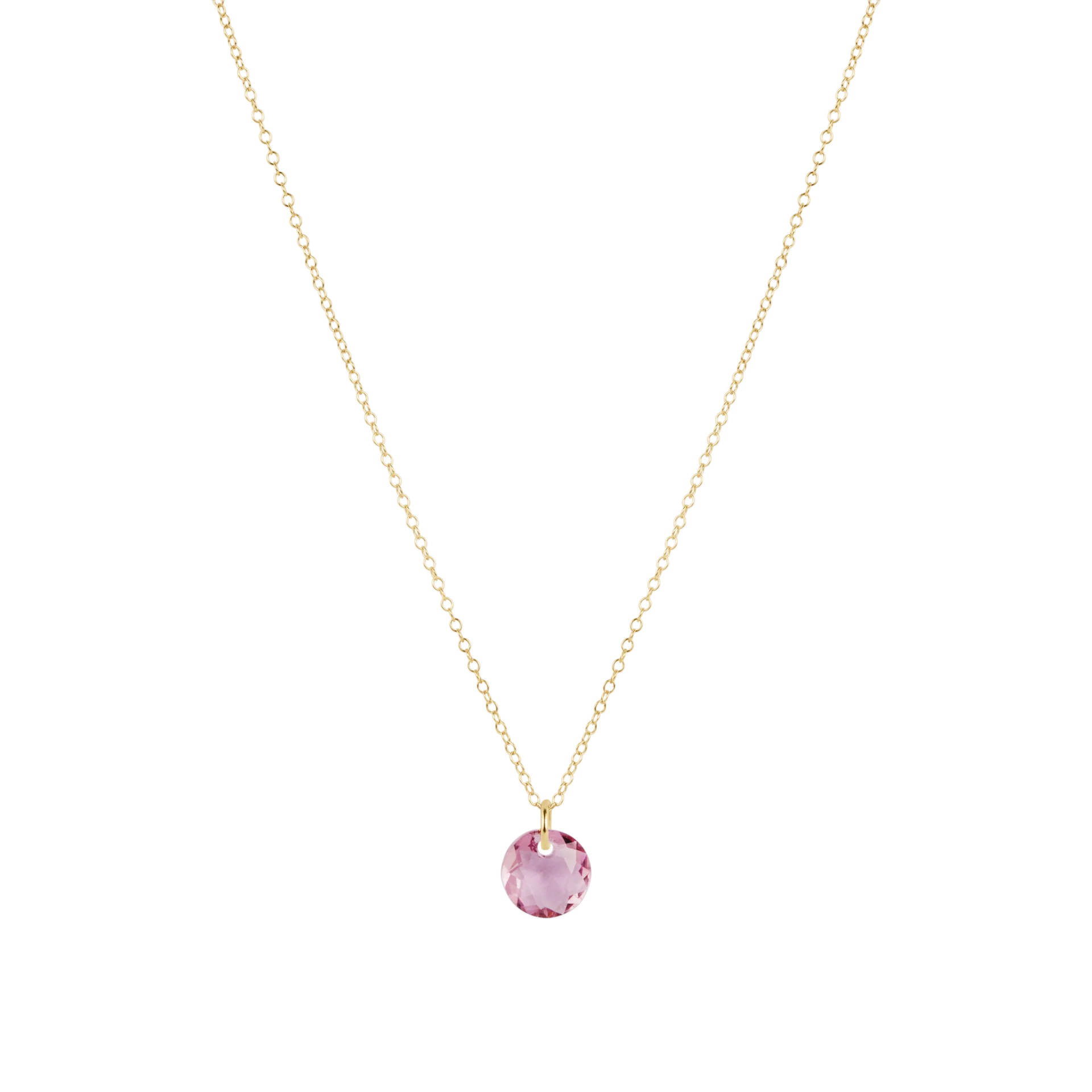 Necklace with a pink gemstone pendant on a white background