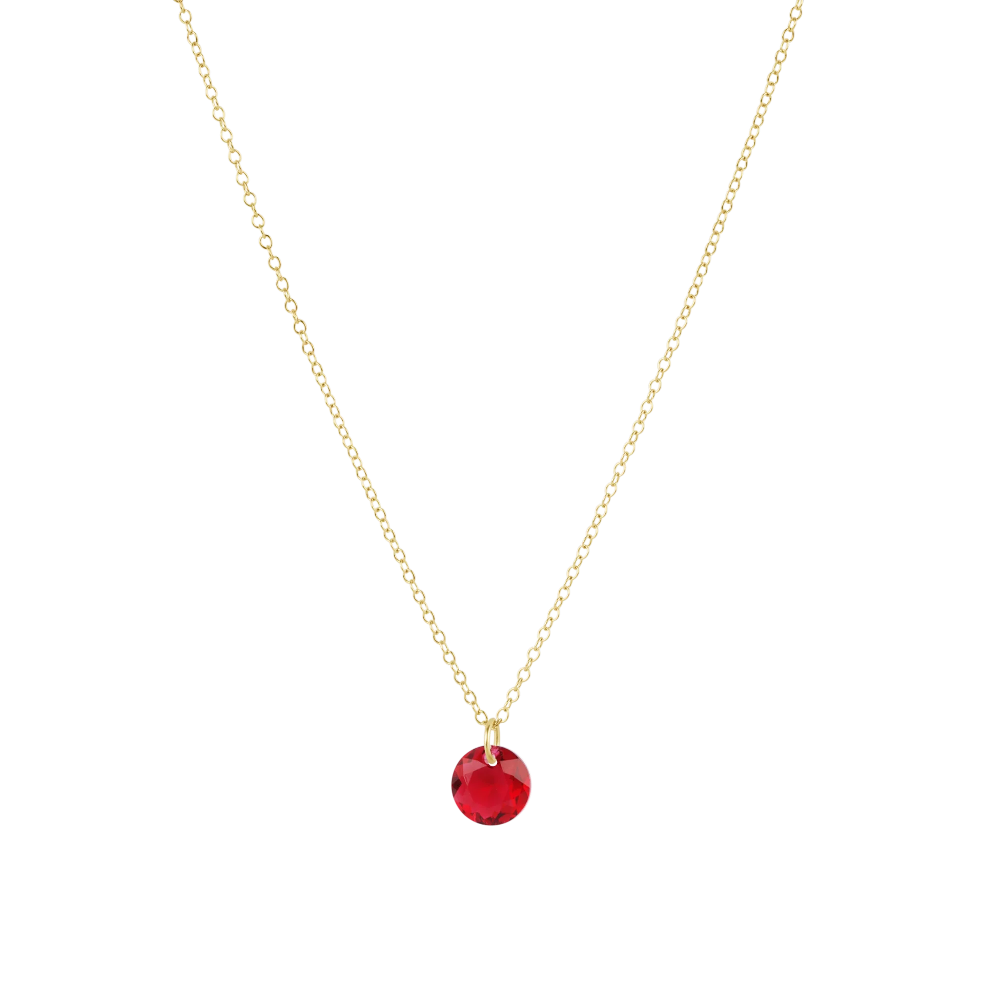 Gold 16" chain with red December birthstone pendant. 