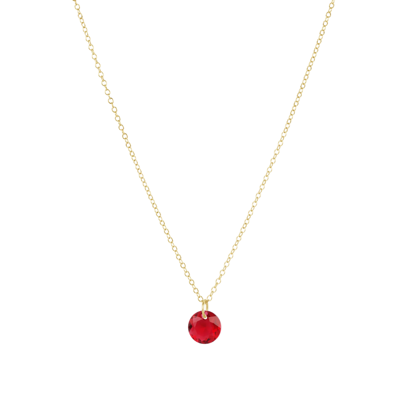 Gold 16" chain with red December birthstone pendant. 