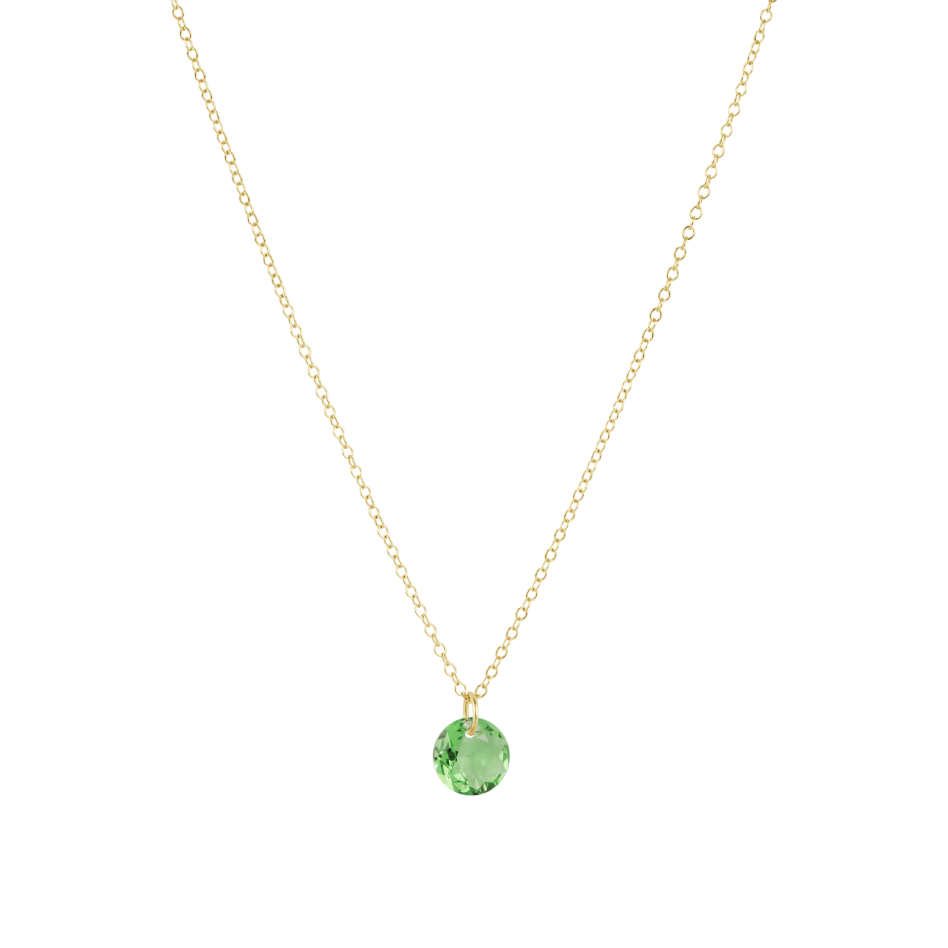 Gold necklace with a green gemstone pendant on a white background