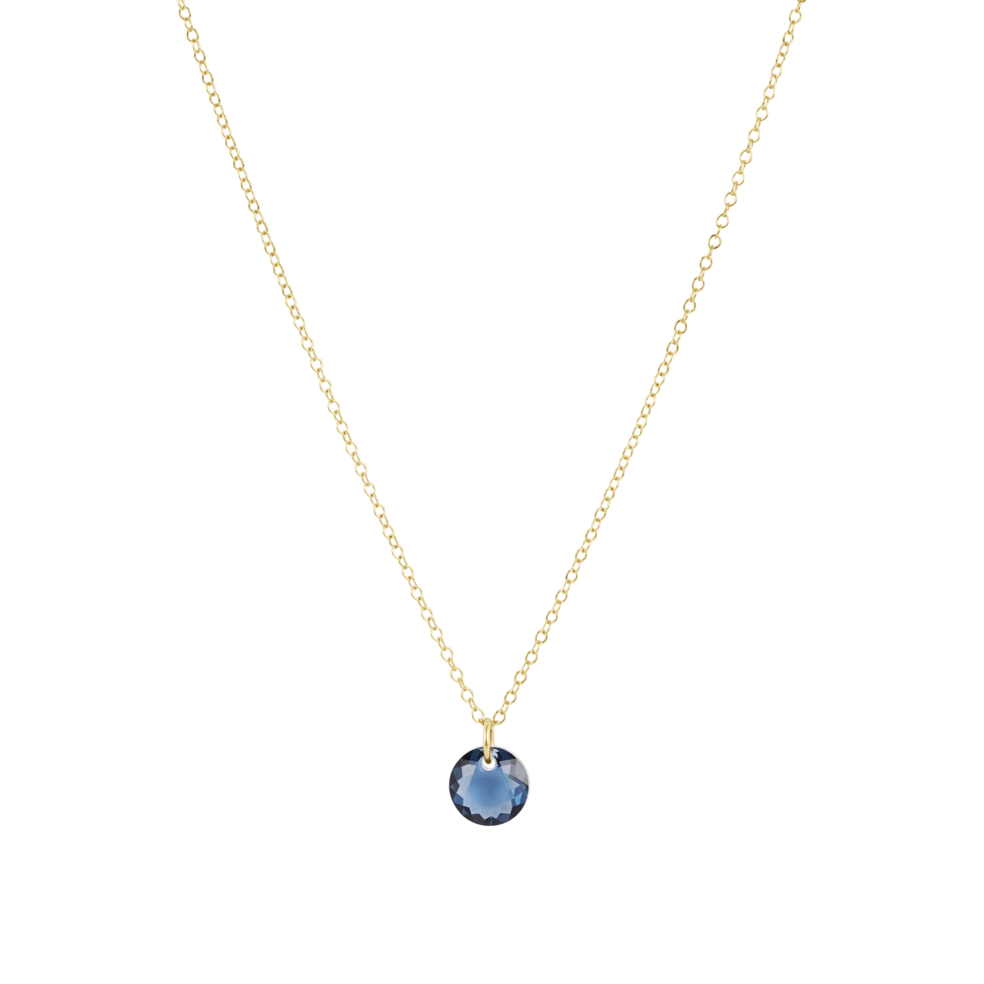 Gold necklace with a blue pendant on a white background