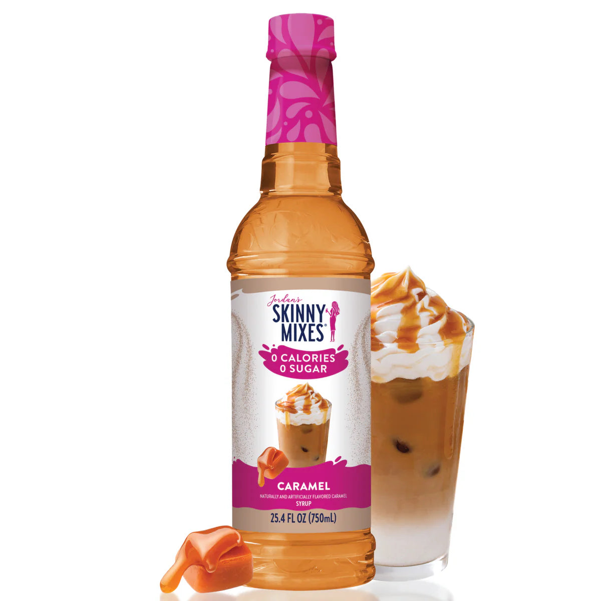 Bottle of Skinny Mixes caramel syrup with a glass of caramel frappé on a white background