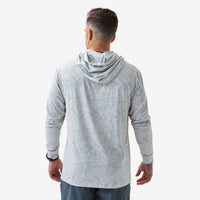Man wearing a gray hoodie from behind on a white background