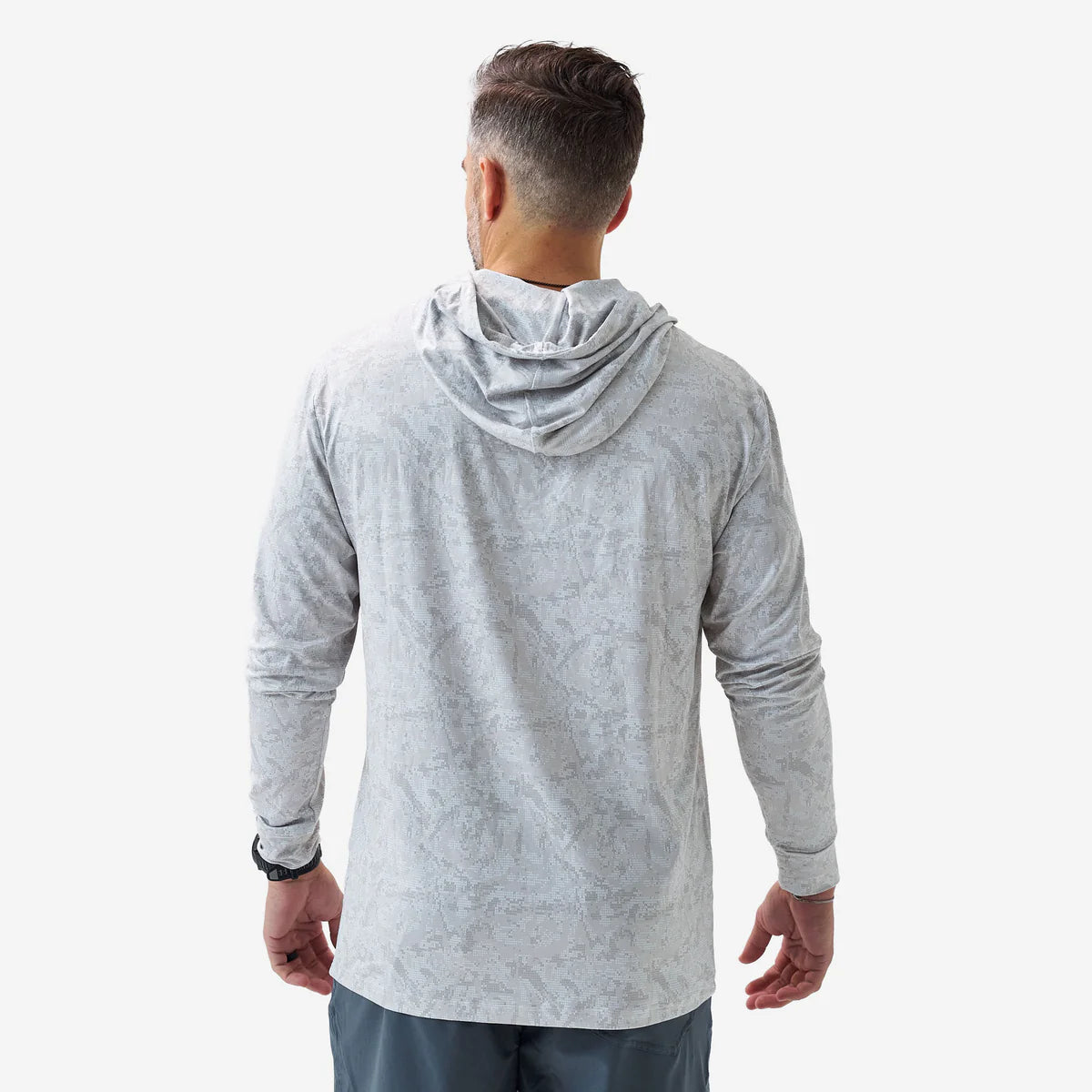 Man wearing a gray hoodie from behind on a white background