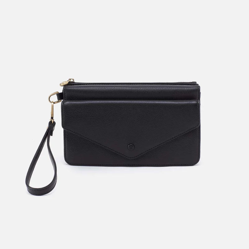 Black wristlet purse on a white background
