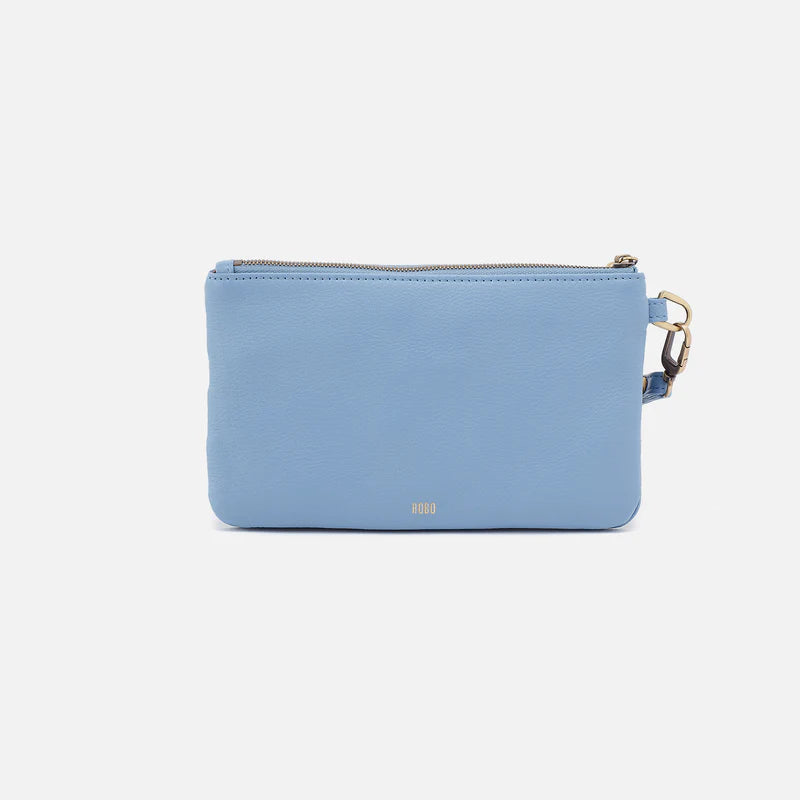 Blue clutch bag with a gold zipper on a white background