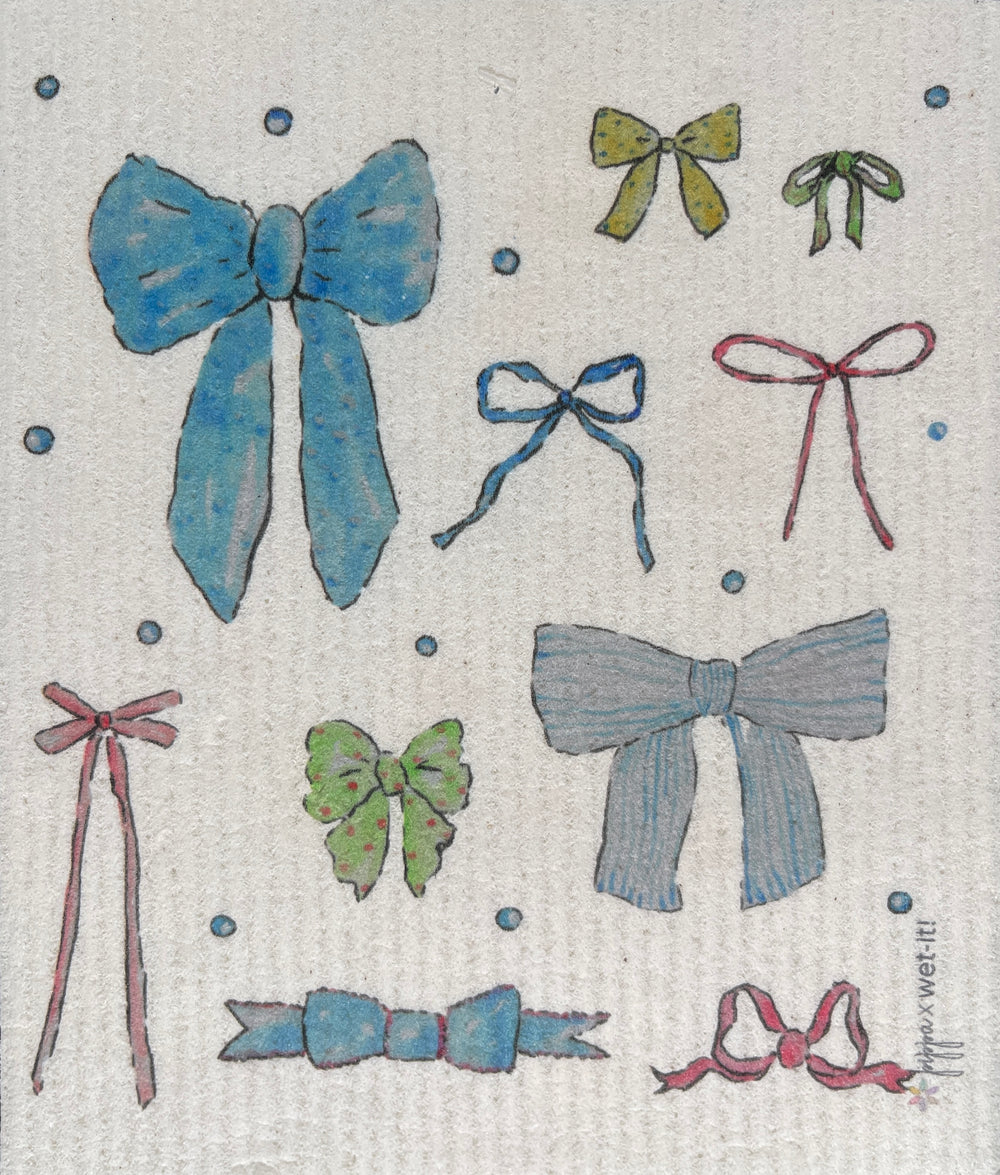 Illustrations of various bows in different colors on a textured background