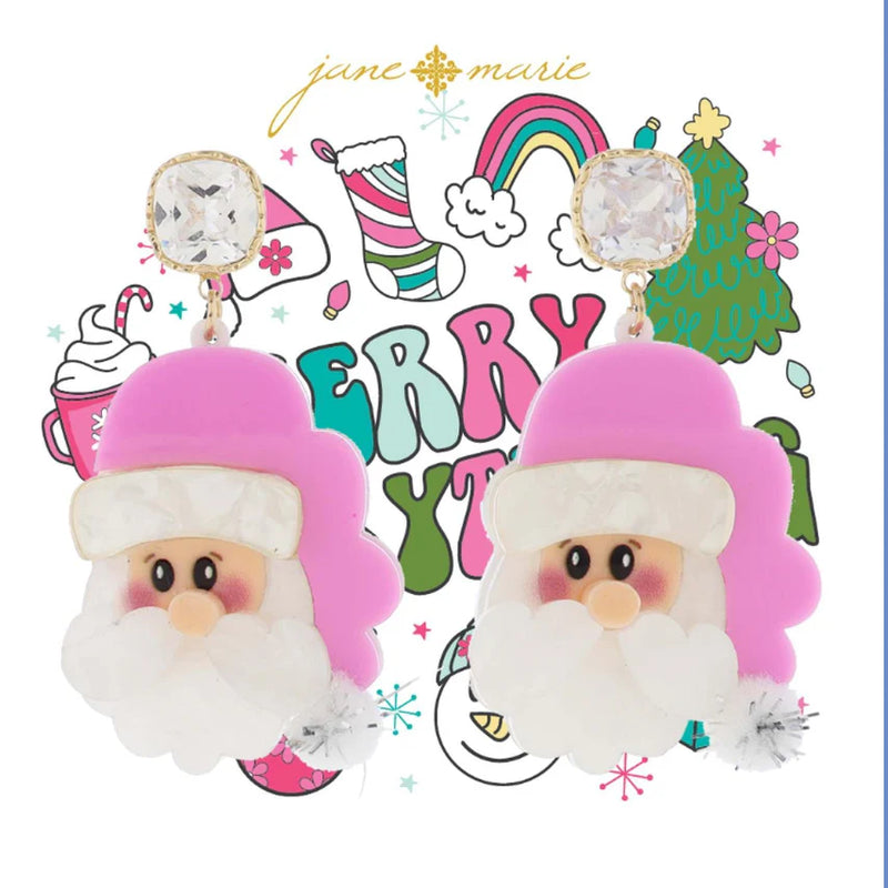 Pink Resin Santa Face with Clear Crystal Post Earrings