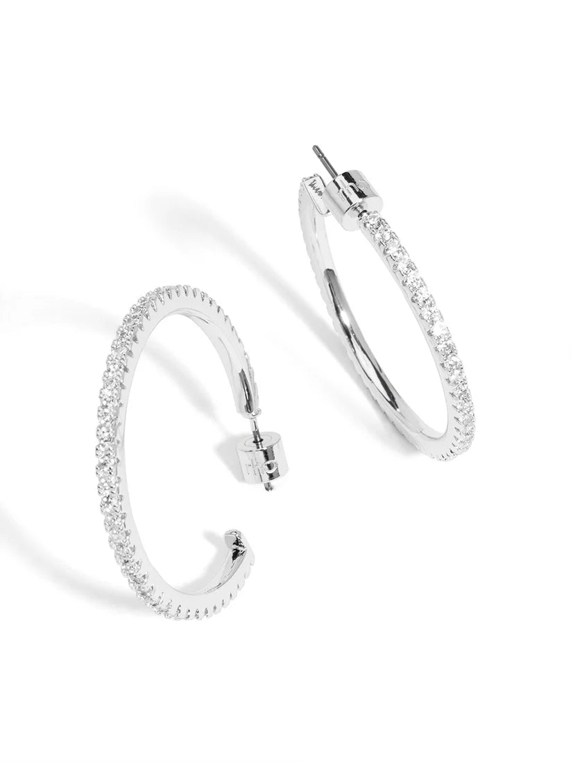 Medium Pav Hoop Earrings-Silver