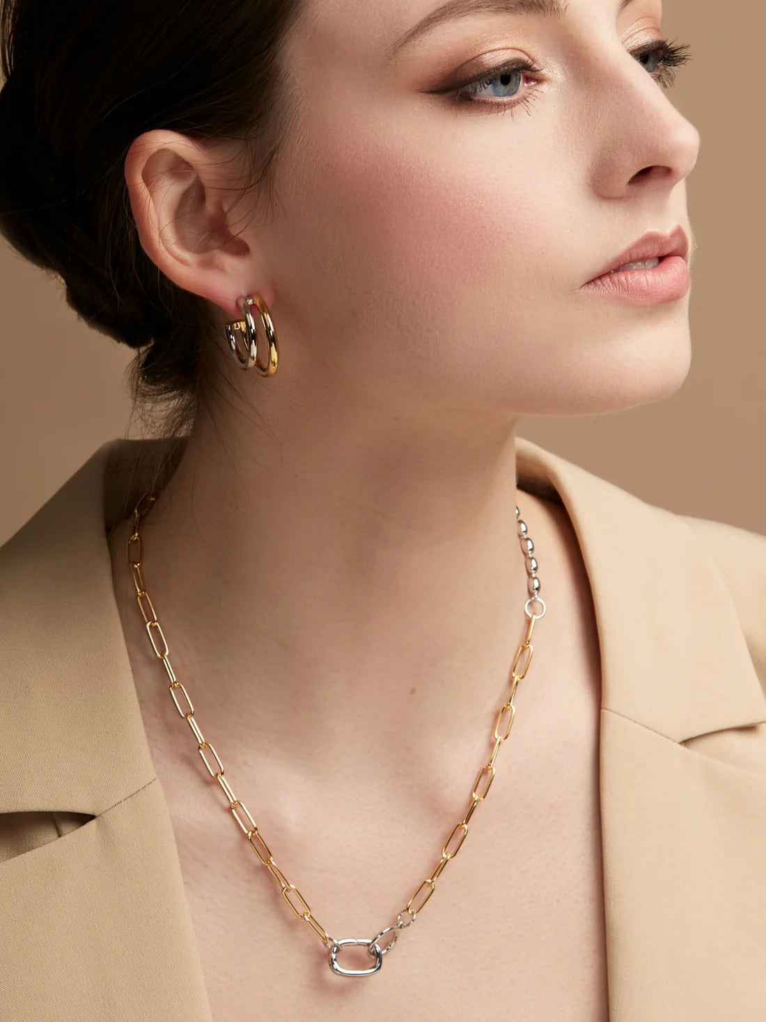 Small Two-Tone Open Hoop Earrings-Silver