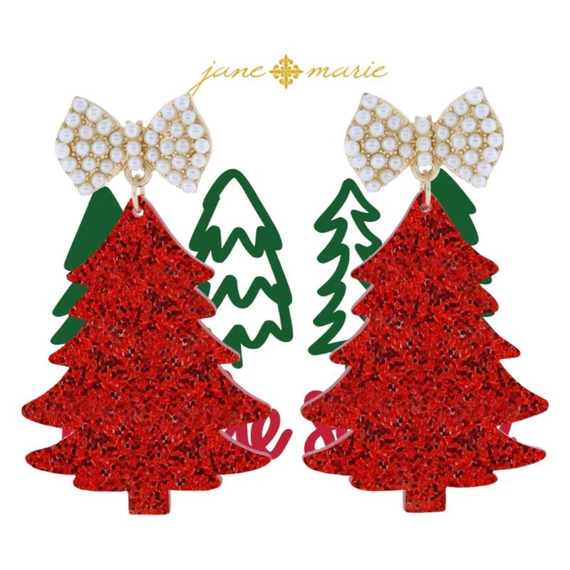 Red Glitter Resin Tree Earrings with Pearl Bow Post