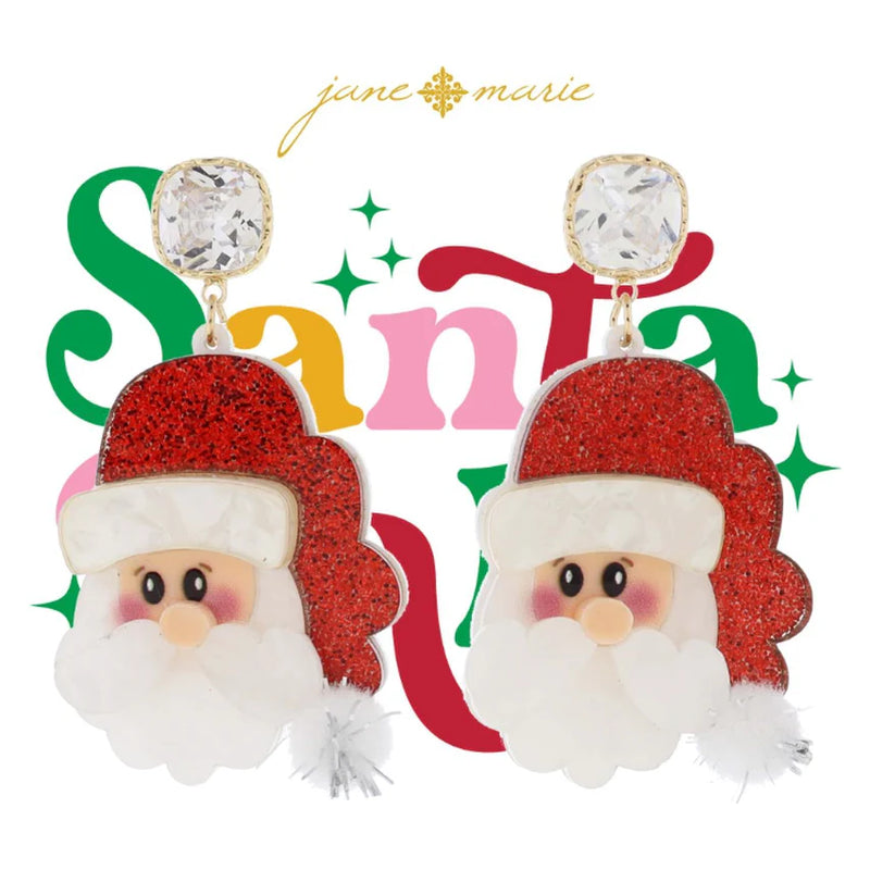 Red Resin Santa Face with Crystal Post Earrings