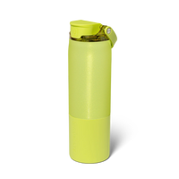 Green water bottle with a flip lid on a white background