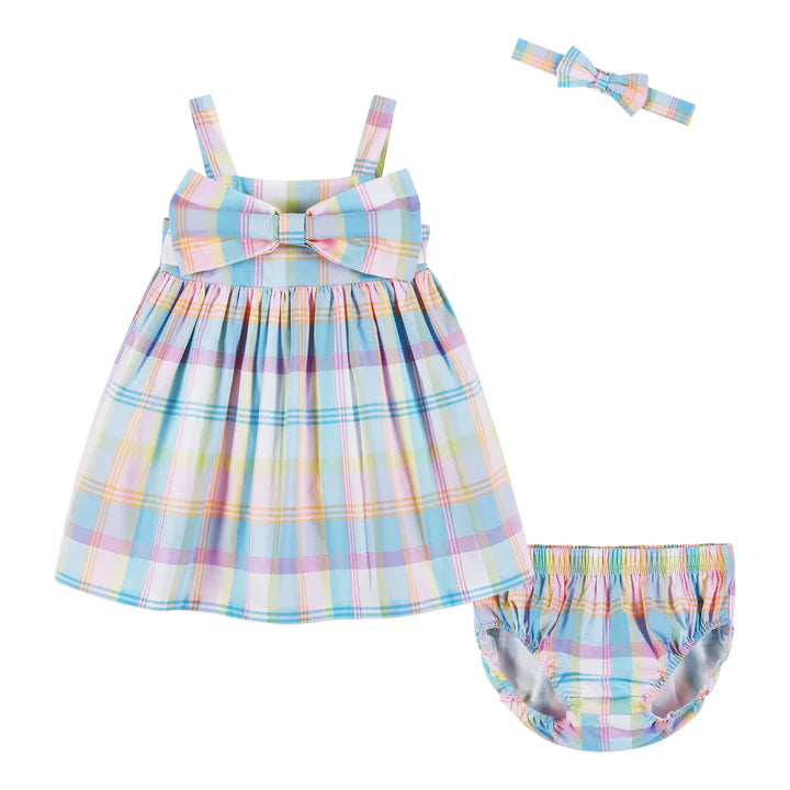 Infant Multi Plaid Dress & Bow Set
