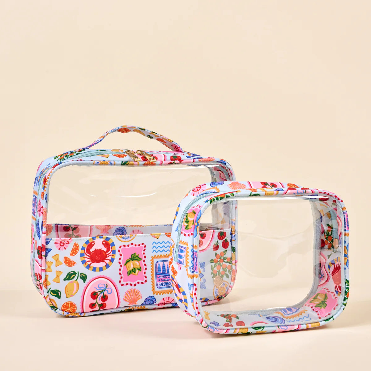 Clear cosmetic bags with colorful pattern on a beige background