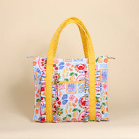Colorful tote bag with a pattern on a beige background