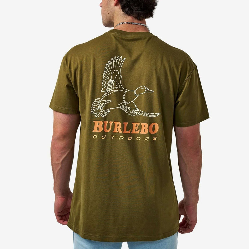 A man wearing an olive green t-shirt from the back, featuring a white duck hunting graphic with the text 'BURLEBO OUTDOORS' in orange and white. The photo is taken against a clean, light gray background.