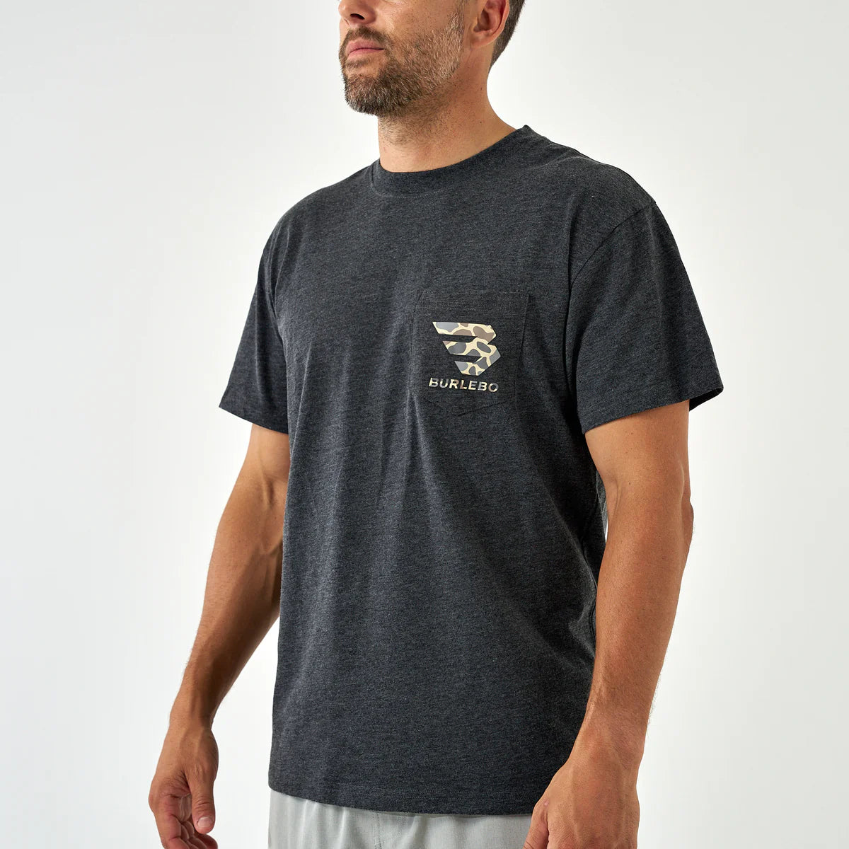Adult Short Sleeve Tee-Flying B Deer Camo Logo-Heather Black