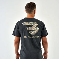 Adult Short Sleeve Tee-Flying B Deer Camo Logo-Heather Black