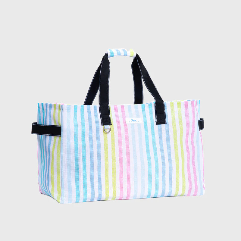 Striped tote bag with black handles on a light gray background