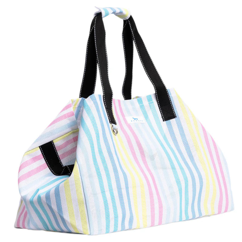 Striped tote bag with black handles on a white background