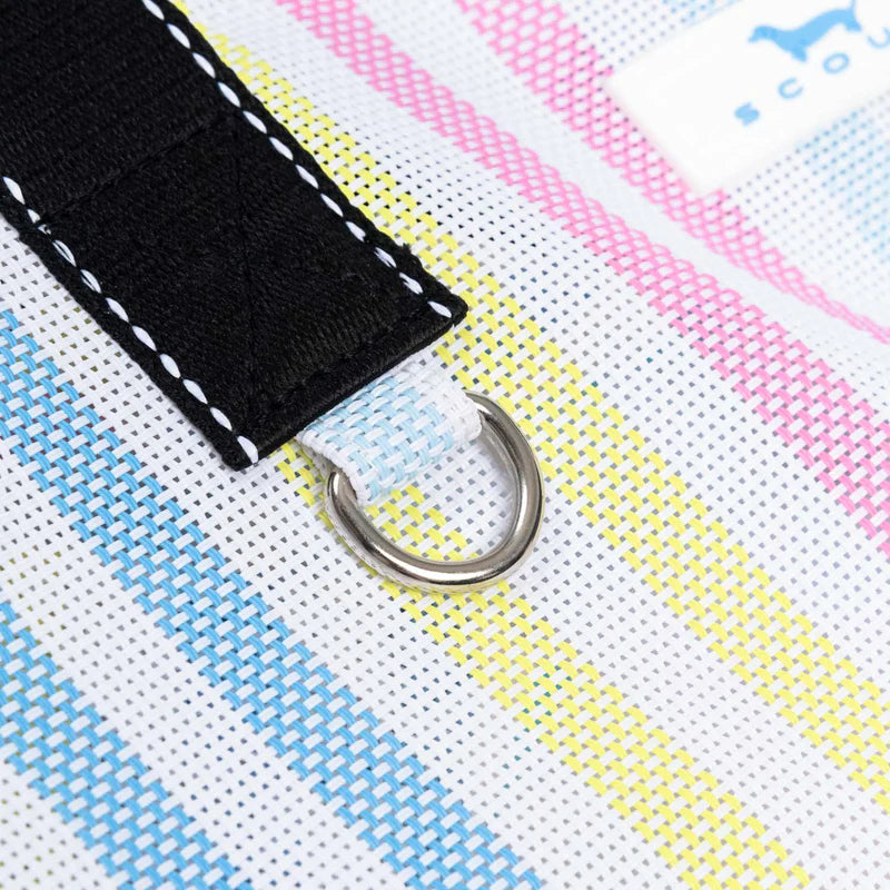 Close-up of a striped bag with a black strap and metal ring.
