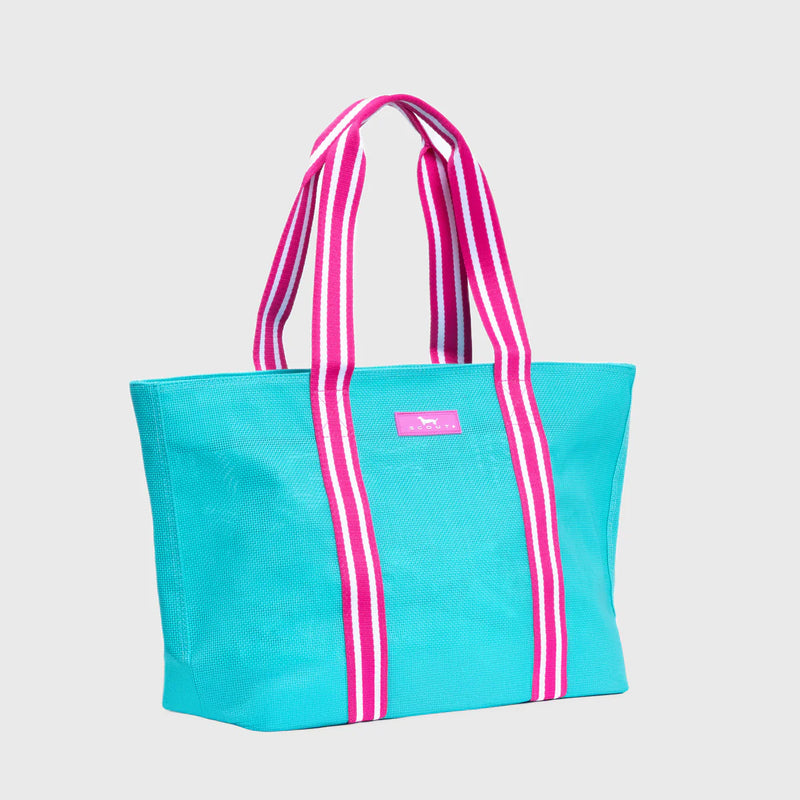 Turquoise tote bag with pink and white stripes on a light gray background