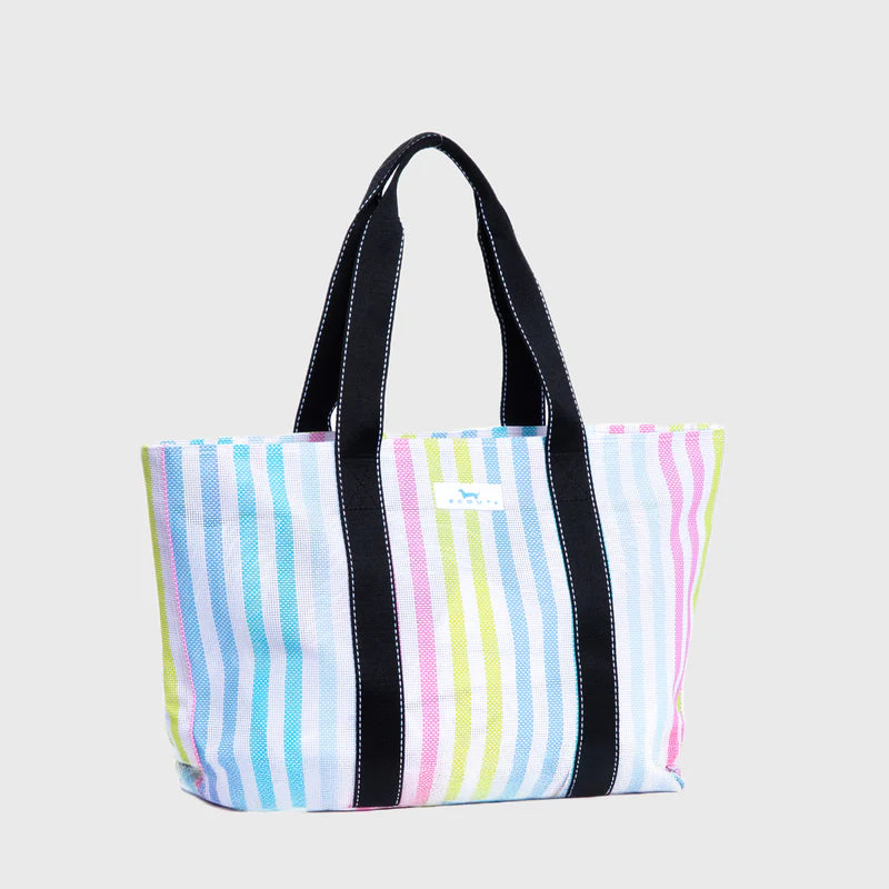Striped tote bag with black handles on a light gray background