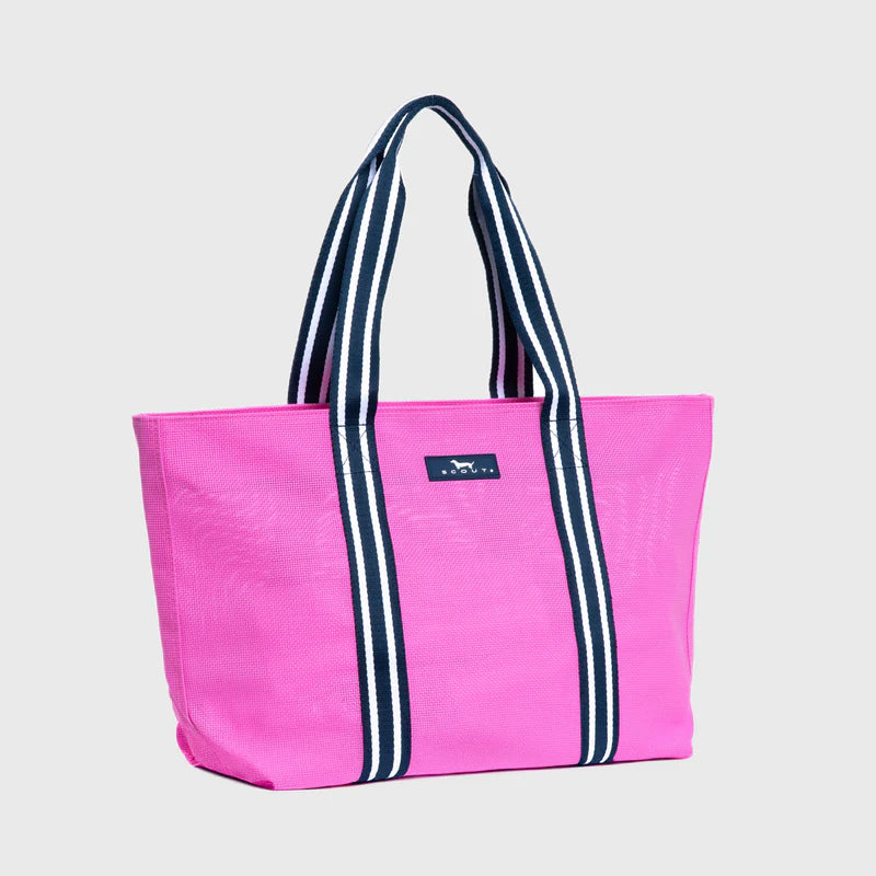 Pink tote bag with navy and white stripes on a light gray background