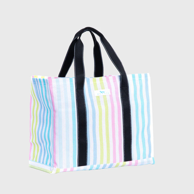 Striped tote bag with colorful pattern on a light gray background