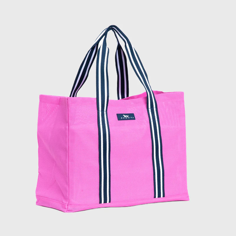 Pink tote bag with navy stripes on a light gray background