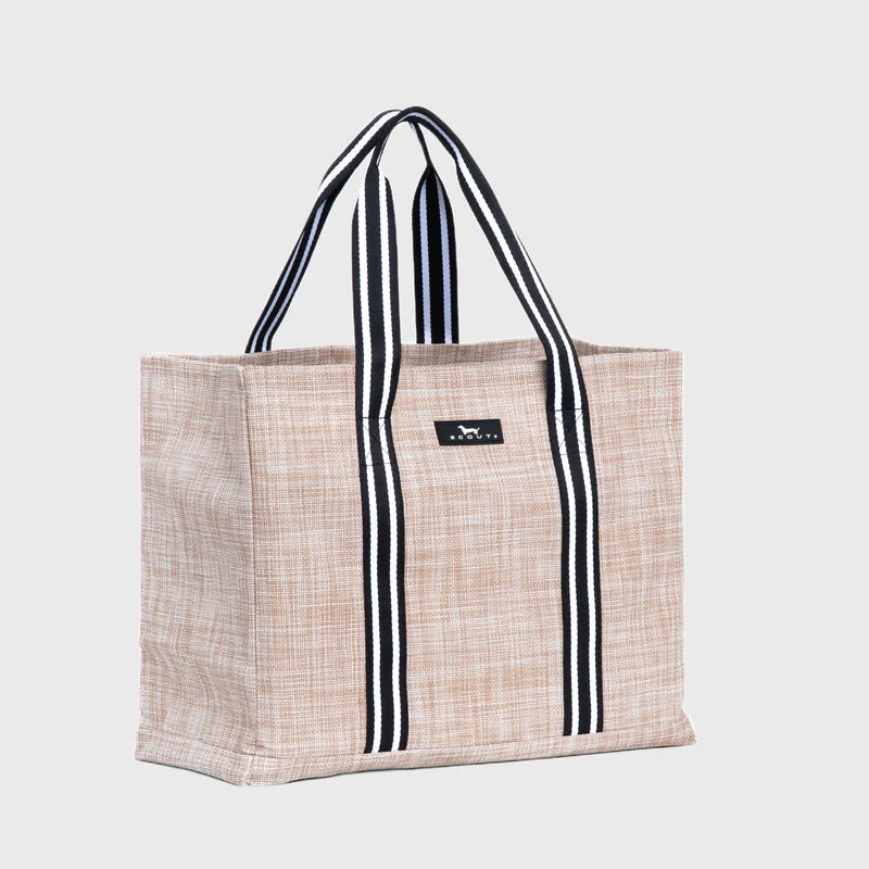 Beige tote bag with black and white striped handles on a light gray background