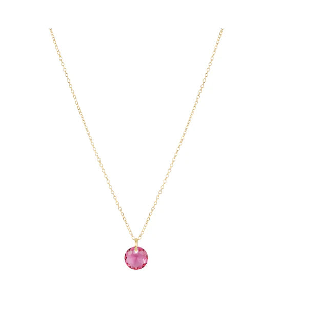 16" Gold Chain with pink October gemstone pendant.
