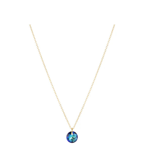 Necklace with a round blue gemstone pendant on a thin chain against a white background