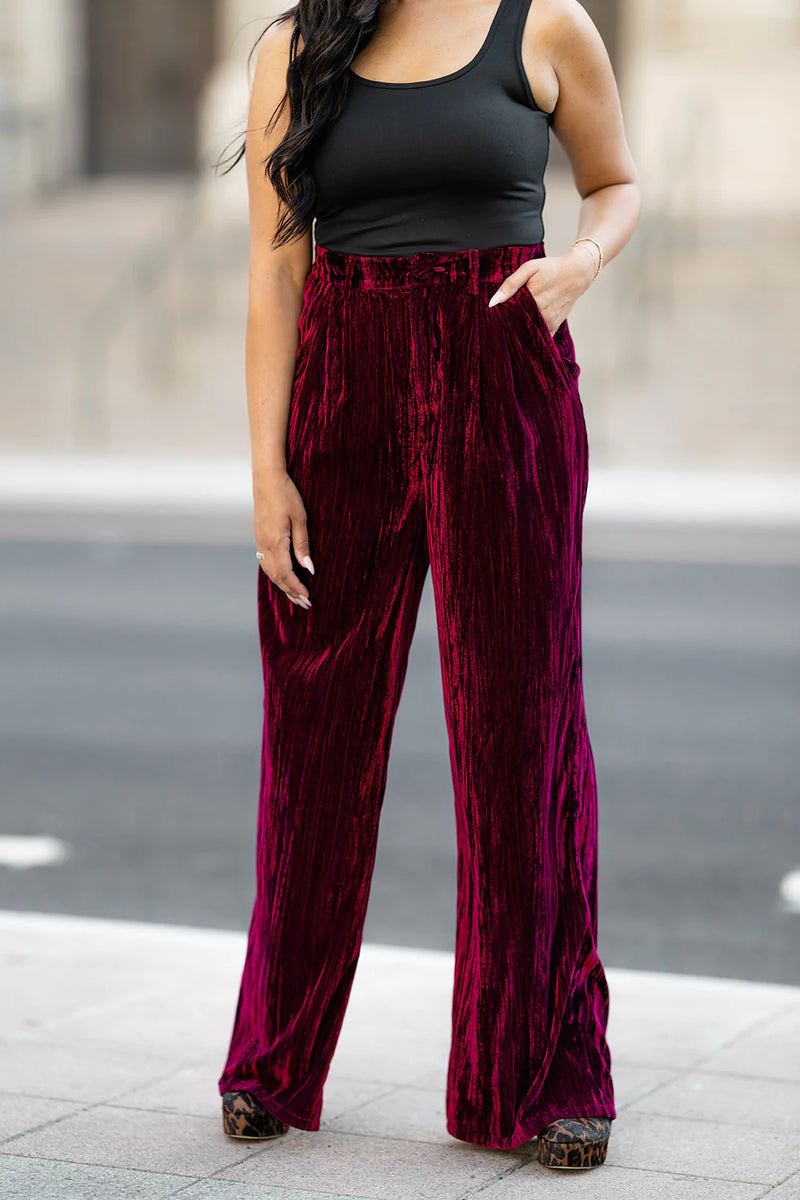 Sondra High-Waisted Velvet Pants-Cabernet